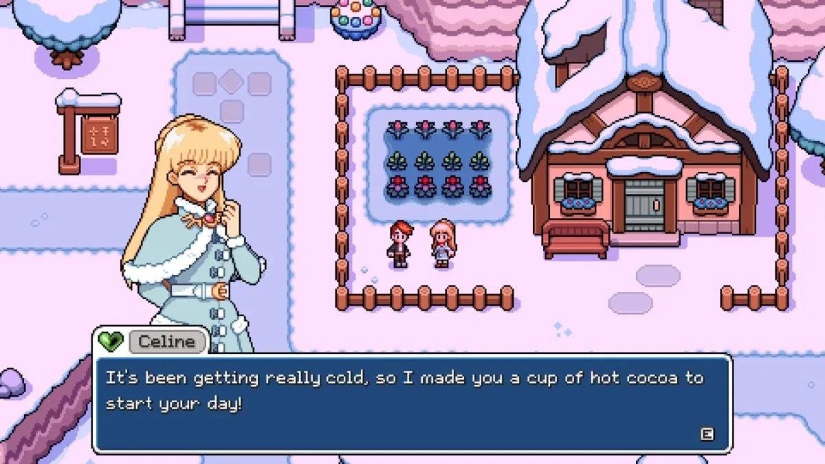 'Fields of Mistria' Is a Love Song To All Things Cozy Fields-of-Mistria-official-screencap-of-Celine-gifting-the-player-hot-cocoa