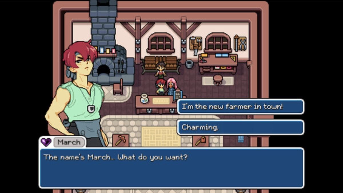 'Fields of Mistria' Is a Love Song To All Things Cozy The-player-introducing-themselves-to-March-in-Fields-of-Mystria