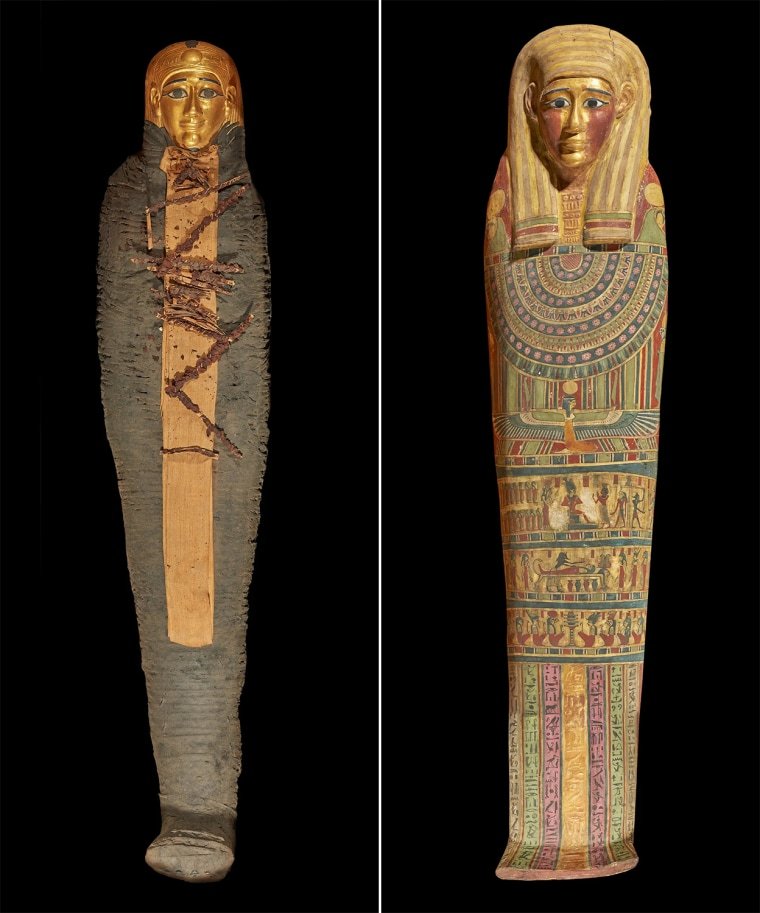 Left: The body garlanded with ferns and wearing a gilded mask. Right: The inner coffin.